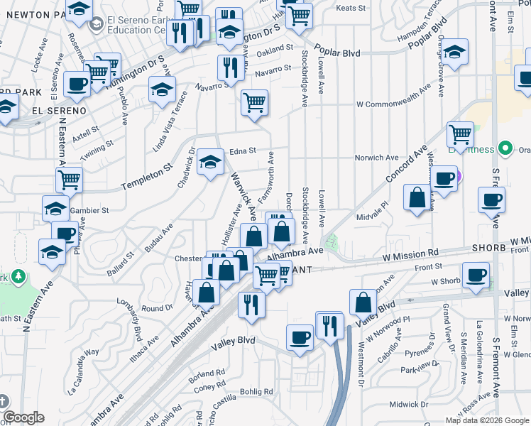 map of restaurants, bars, coffee shops, grocery stores, and more near 3126 Farnsworth Avenue in Los Angeles