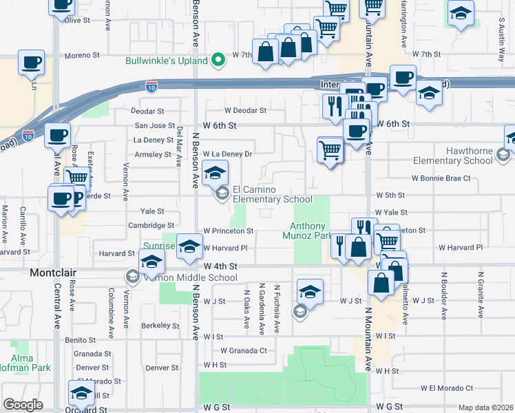 map of restaurants, bars, coffee shops, grocery stores, and more near 1330 West Oakcrest Paseo in Ontario