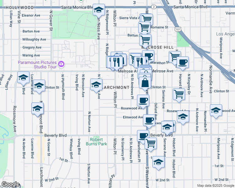 map of restaurants, bars, coffee shops, grocery stores, and more near 522 Wilton Place in Los Angeles