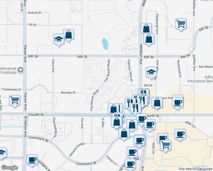 map of restaurants, bars, coffee shops, grocery stores, and more near 11009 Skyglow Drive in Rancho Cucamonga