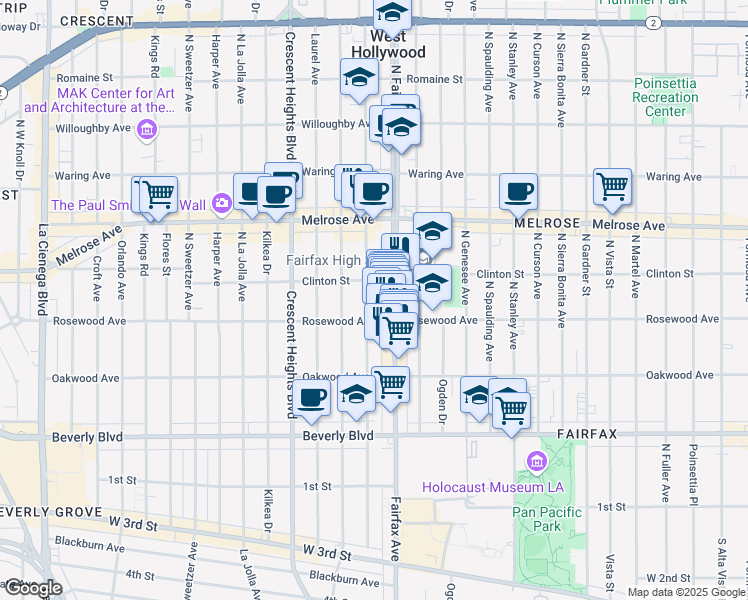 map of restaurants, bars, coffee shops, grocery stores, and more near 530 Hayworth Avenue in Los Angeles