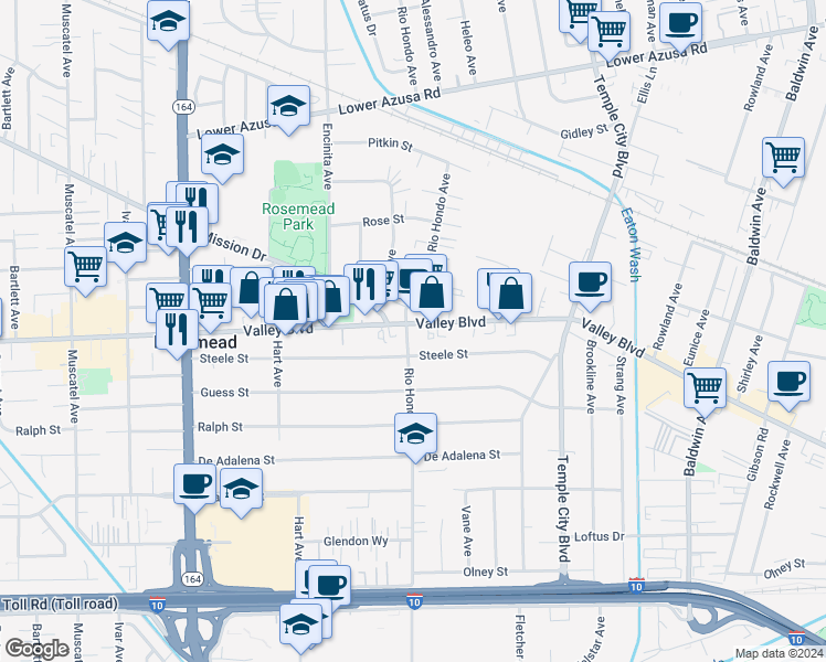 map of restaurants, bars, coffee shops, grocery stores, and more near 9353 Valley Boulevard in Rosemead