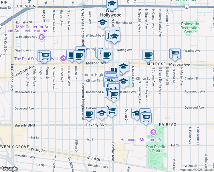 map of restaurants, bars, coffee shops, grocery stores, and more near 530 Hayworth Avenue in Los Angeles