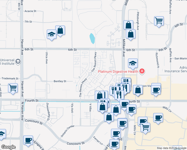 map of restaurants, bars, coffee shops, grocery stores, and more near The Resort Parkway in Rancho Cucamonga