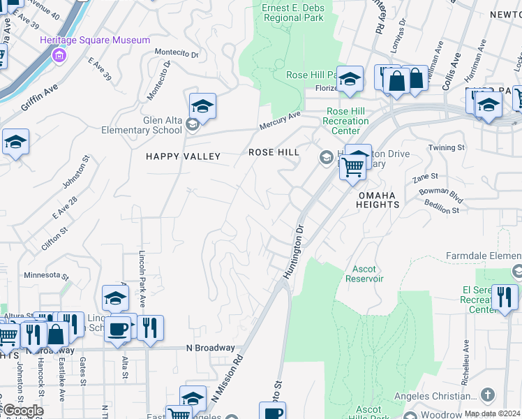 map of restaurants, bars, coffee shops, grocery stores, and more near 4376 West Rose Hill Drive in Los Angeles