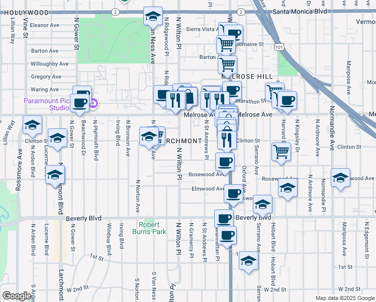 map of restaurants, bars, coffee shops, grocery stores, and more near 521 North Gramercy Place in Los Angeles