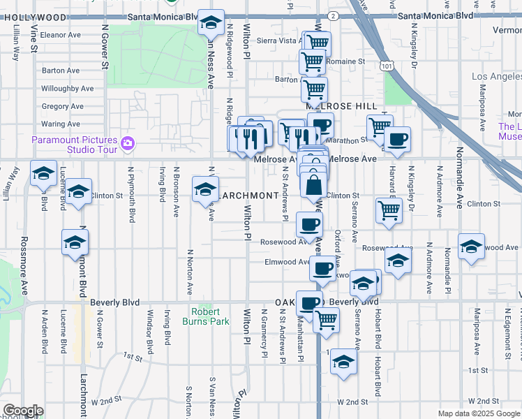 map of restaurants, bars, coffee shops, grocery stores, and more near 521 North Gramercy Place in Los Angeles