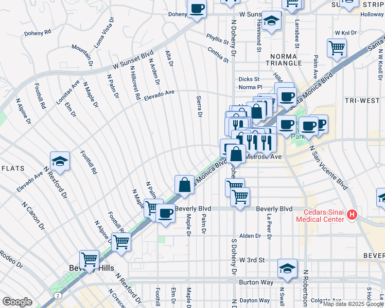 map of restaurants, bars, coffee shops, grocery stores, and more near 602 Alta Drive in Beverly Hills