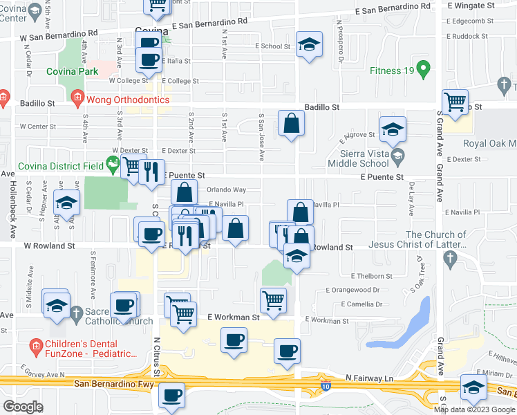 map of restaurants, bars, coffee shops, grocery stores, and more near 382 East Navilla Place in Covina