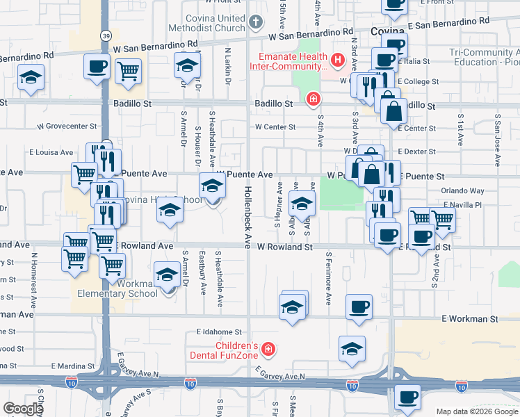 map of restaurants, bars, coffee shops, grocery stores, and more near 481 South Cedar Drive in Covina