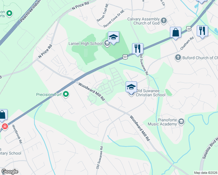 map of restaurants, bars, coffee shops, grocery stores, and more near 4271 Woodward Mill Road in Sugar Hill