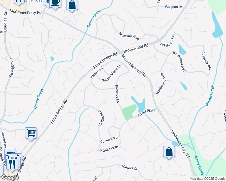 map of restaurants, bars, coffee shops, grocery stores, and more near 5770 Preserve Circle in Alpharetta