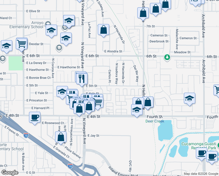 map of restaurants, bars, coffee shops, grocery stores, and more near 2043 East 5th Street in Ontario