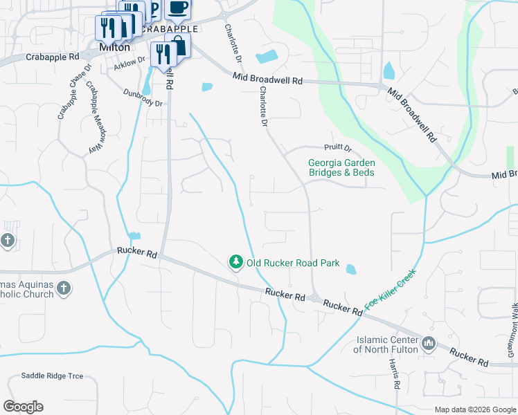 map of restaurants, bars, coffee shops, grocery stores, and more near 1010 Reece Road in Alpharetta