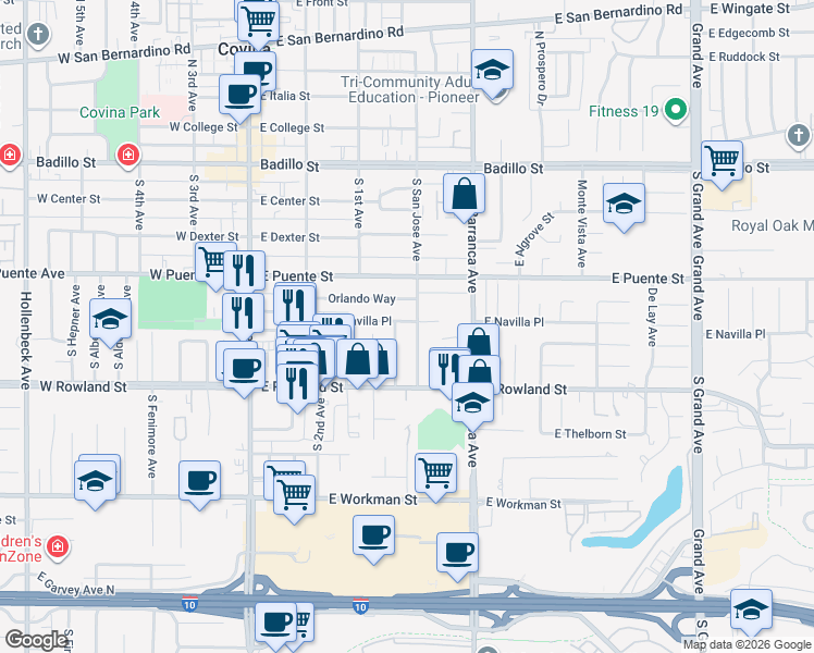 map of restaurants, bars, coffee shops, grocery stores, and more near 370 East Navilla Place in Covina