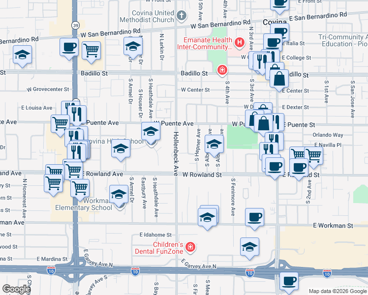 map of restaurants, bars, coffee shops, grocery stores, and more near 481 South Cedar Drive in Covina