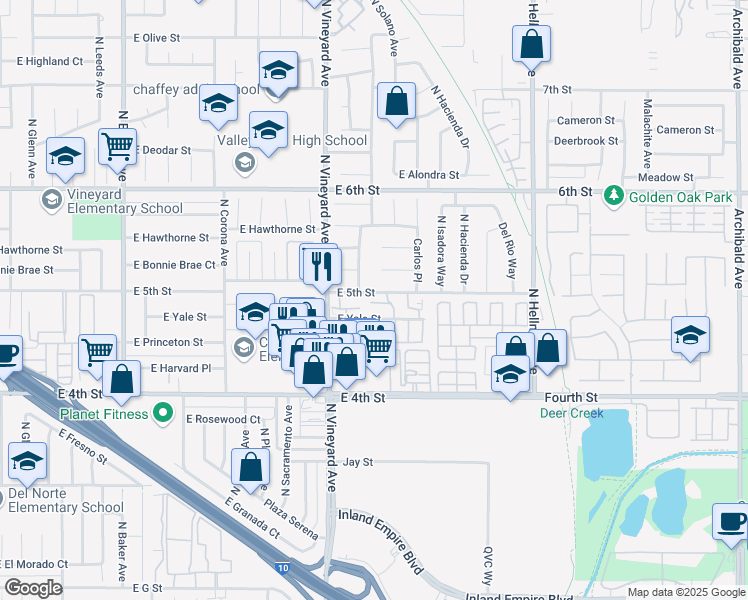 map of restaurants, bars, coffee shops, grocery stores, and more near 1978 East 5th Street in Ontario