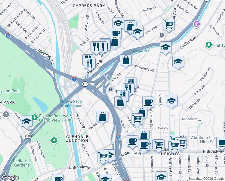 map of restaurants, bars, coffee shops, grocery stores, and more near 360 West Avenue 26 in Los Angeles