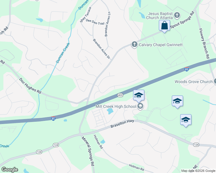 map of restaurants, bars, coffee shops, grocery stores, and more near 4375 Mill Farm Lane Northeast in Buford