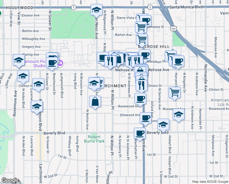 map of restaurants, bars, coffee shops, grocery stores, and more near 522 Wilton Place in Los Angeles