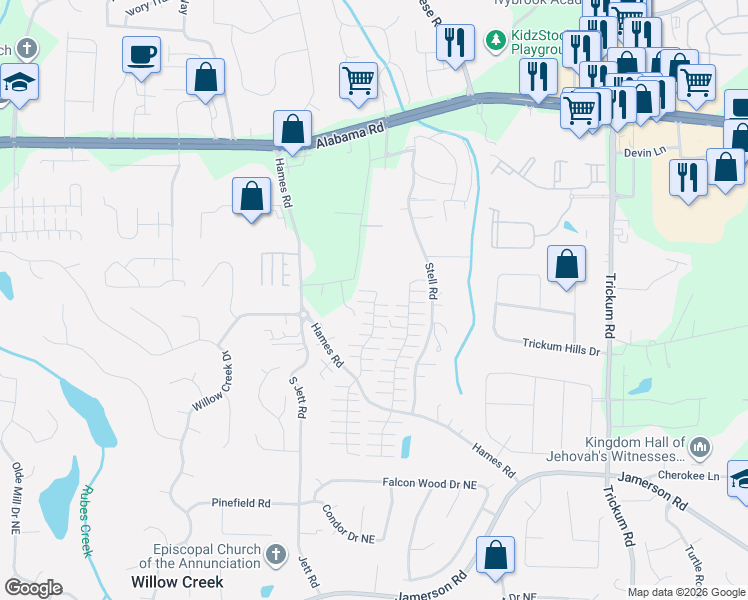 map of restaurants, bars, coffee shops, grocery stores, and more near 423 West Oaks Trail in Woodstock