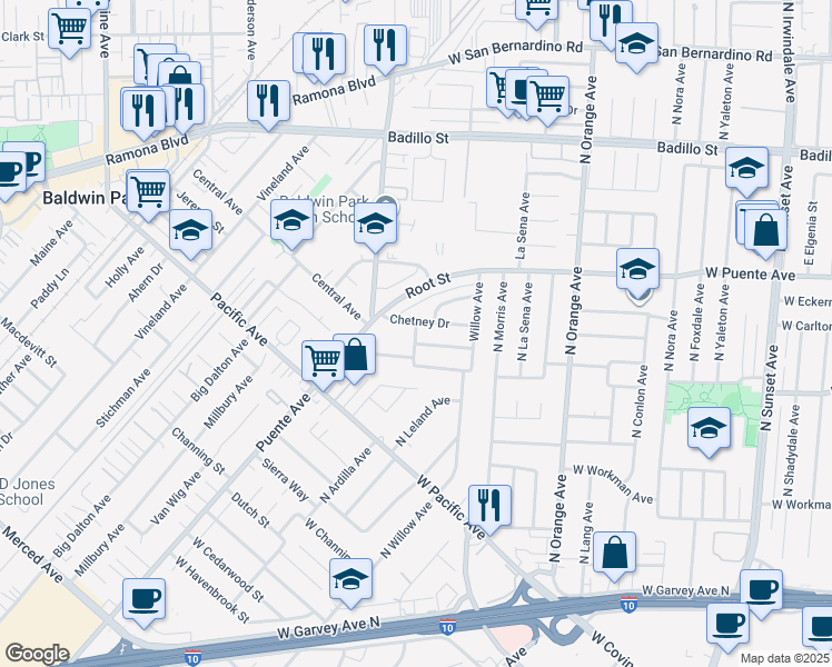 map of restaurants, bars, coffee shops, grocery stores, and more near 3448 Ardilla Avenue in Baldwin Park