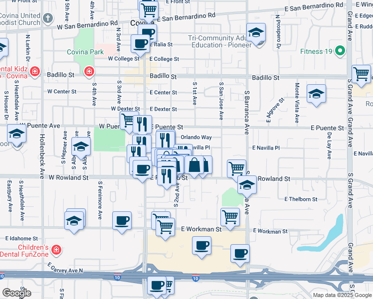 map of restaurants, bars, coffee shops, grocery stores, and more near 254 East Navilla Place in Covina