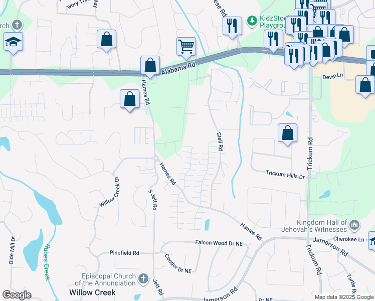 map of restaurants, bars, coffee shops, grocery stores, and more near 423 West Oaks Trail in Woodstock