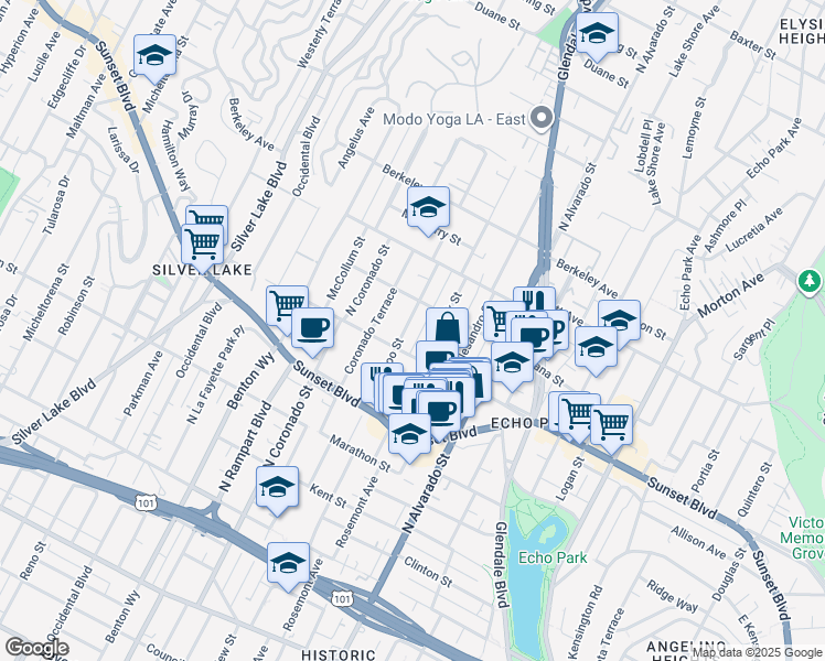 map of restaurants, bars, coffee shops, grocery stores, and more near 2210 Montana Street in Los Angeles