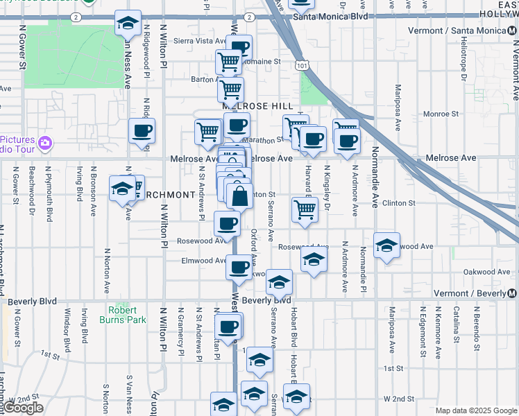 map of restaurants, bars, coffee shops, grocery stores, and more near 557 North Oxford Avenue in Los Angeles