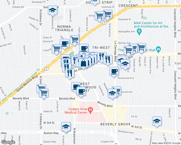 map of restaurants, bars, coffee shops, grocery stores, and more near 547 Huntley Drive in West Hollywood