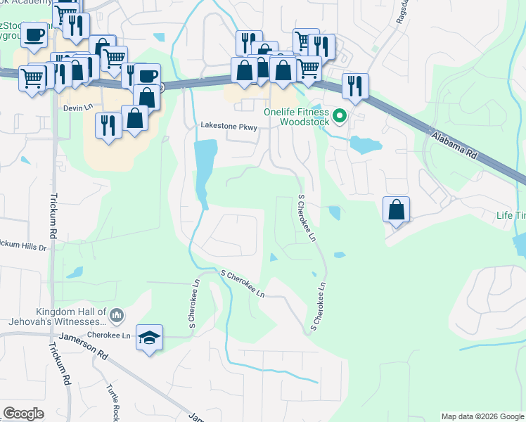 map of restaurants, bars, coffee shops, grocery stores, and more near 252 Lakestone Parkway in Woodstock