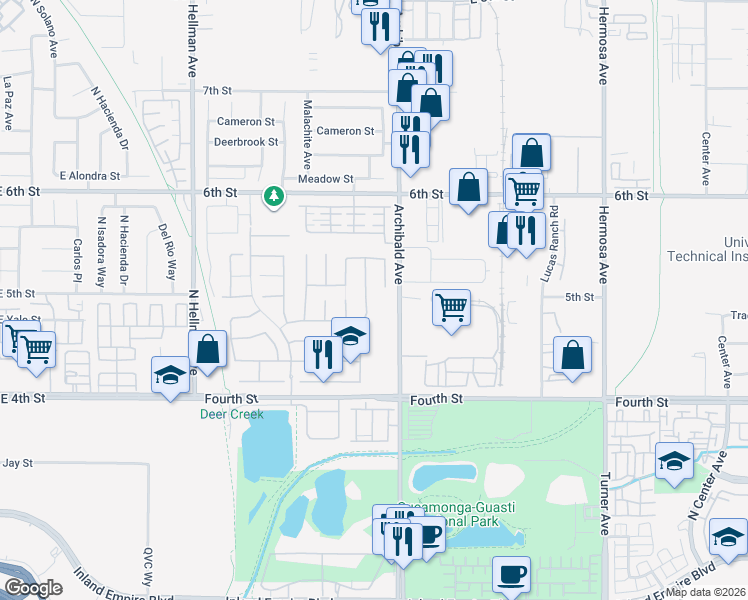 map of restaurants, bars, coffee shops, grocery stores, and more near 9479 Sun Meadow Court in Rancho Cucamonga