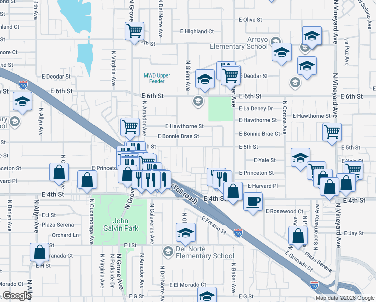 map of restaurants, bars, coffee shops, grocery stores, and more near 1447 East 5th Street in Ontario