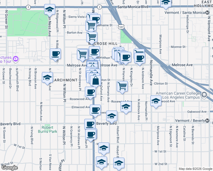 map of restaurants, bars, coffee shops, grocery stores, and more near 4766 Clinton Street in Los Angeles