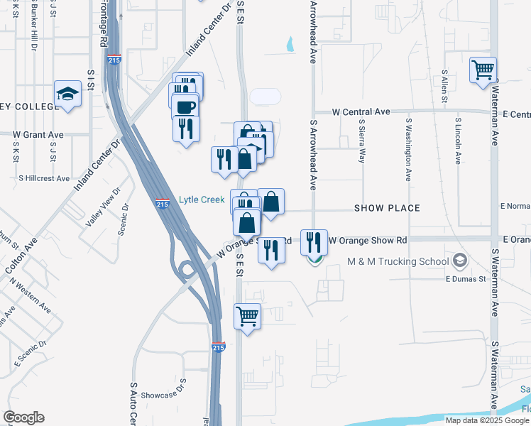 map of restaurants, bars, coffee shops, grocery stores, and more near 435 West Orange Show Lane in San Bernardino