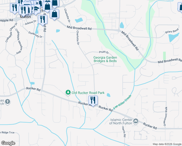 map of restaurants, bars, coffee shops, grocery stores, and more near 12310 Charlotte Drive in Alpharetta