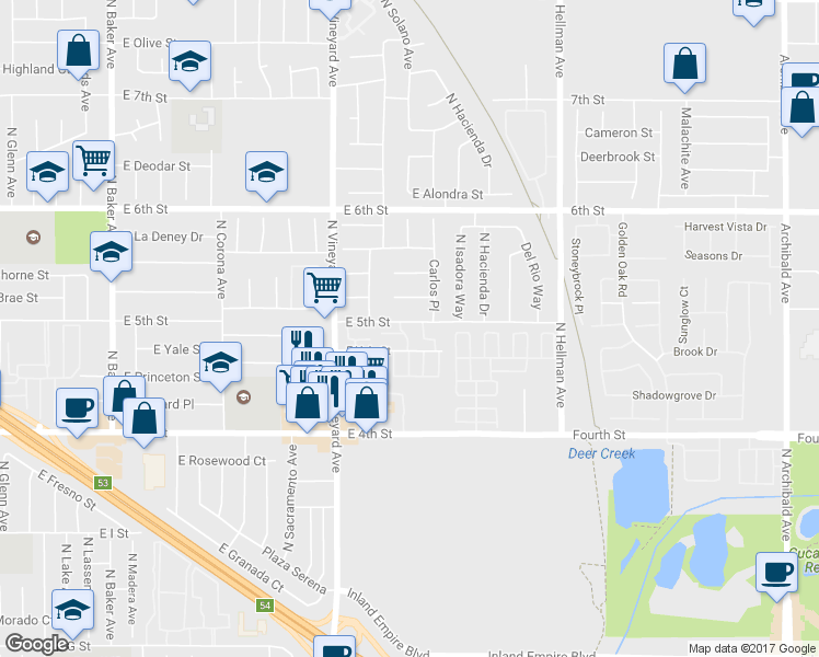 map of restaurants, bars, coffee shops, grocery stores, and more near 2008 East 5th Street in Ontario