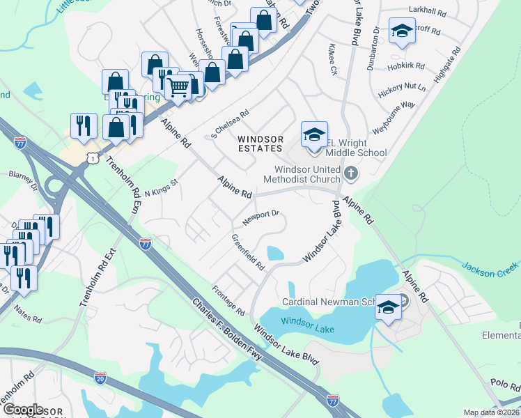 map of restaurants, bars, coffee shops, grocery stores, and more near 2601 Alpine Road in Columbia