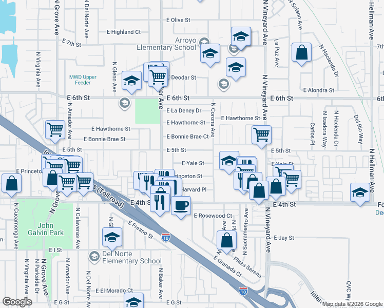 map of restaurants, bars, coffee shops, grocery stores, and more near 1667 East 5th Street in Ontario