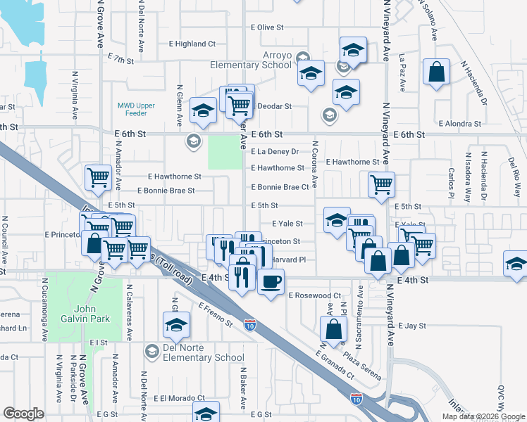 map of restaurants, bars, coffee shops, grocery stores, and more near 1667 East 5th Street in Ontario