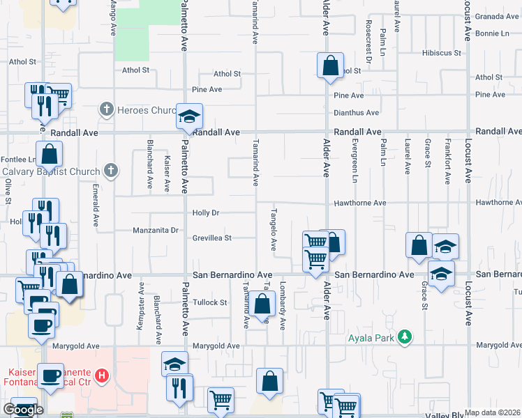 map of restaurants, bars, coffee shops, grocery stores, and more near 17485 Hawthorne Court in Fontana