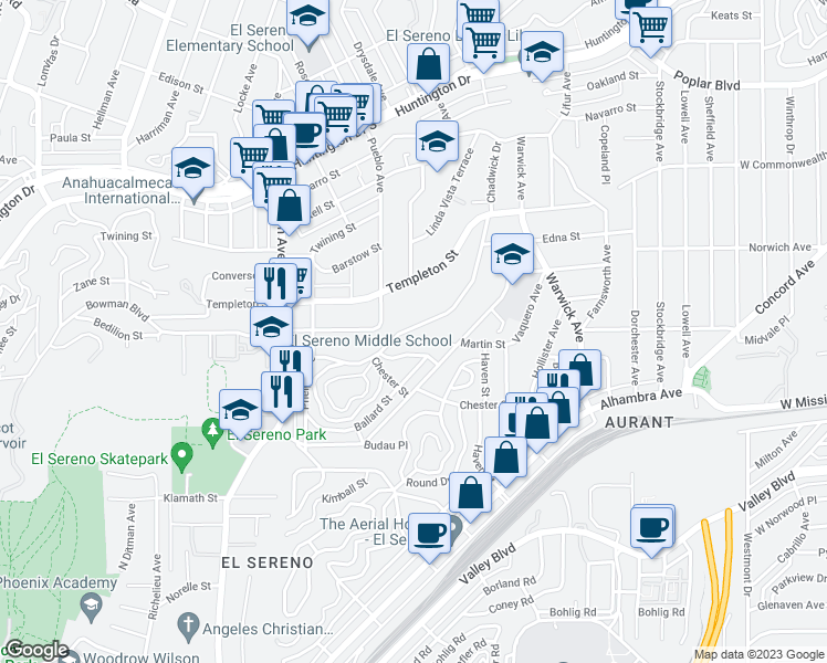 map of restaurants, bars, coffee shops, grocery stores, and more near 3046 Chadwick Drive in Los Angeles