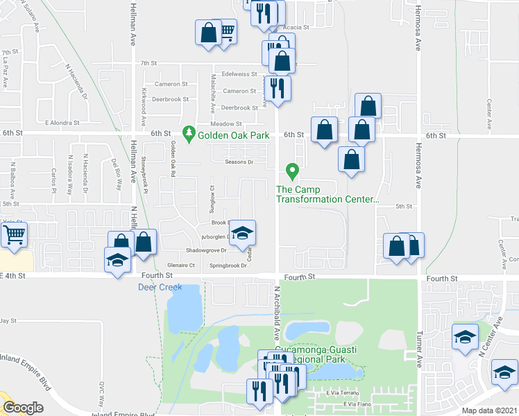 map of restaurants, bars, coffee shops, grocery stores, and more near 9479 Sun Meadow Court in Rancho Cucamonga