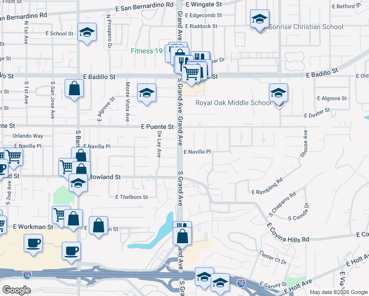map of restaurants, bars, coffee shops, grocery stores, and more near 3629 Shadyglen Drive in Covina