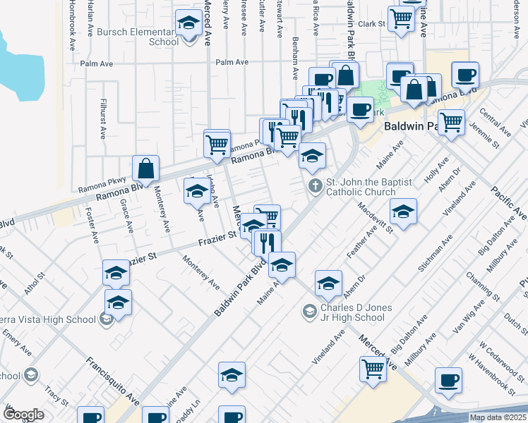map of restaurants, bars, coffee shops, grocery stores, and more near 3821 Bresee Avenue in Baldwin Park