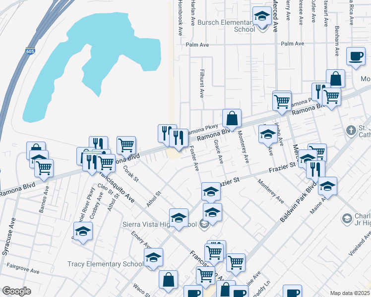 map of restaurants, bars, coffee shops, grocery stores, and more near in Baldwin Park