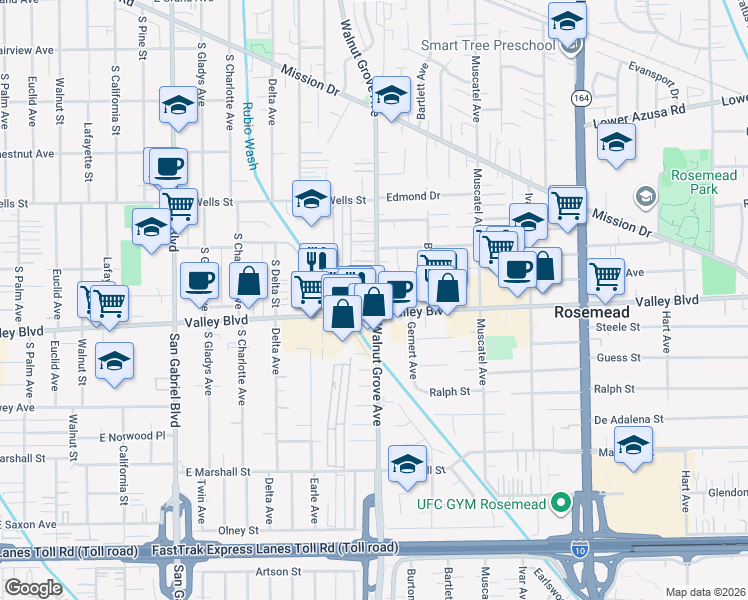 map of restaurants, bars, coffee shops, grocery stores, and more near 4038 Walnut Grove Avenue in Rosemead
