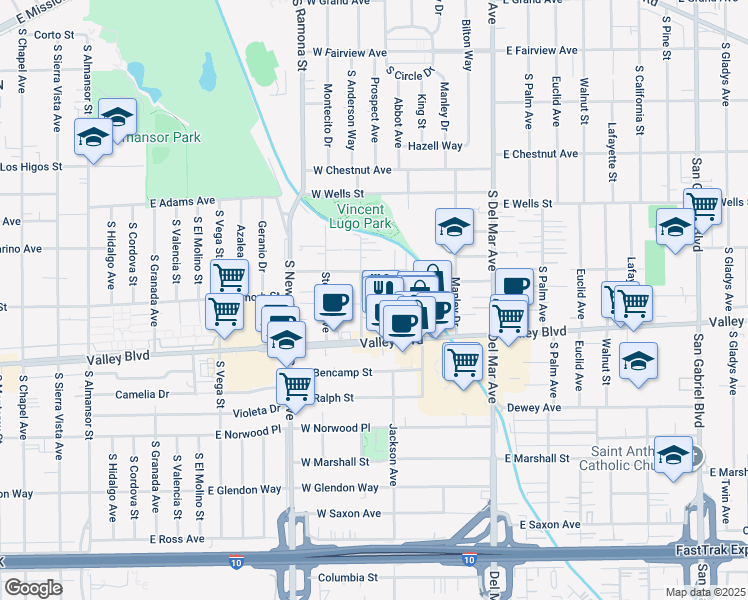map of restaurants, bars, coffee shops, grocery stores, and more near 302 West Newby Avenue in San Gabriel