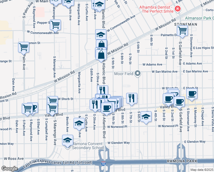 map of restaurants, bars, coffee shops, grocery stores, and more near 940 South Atlantic Boulevard in Alhambra